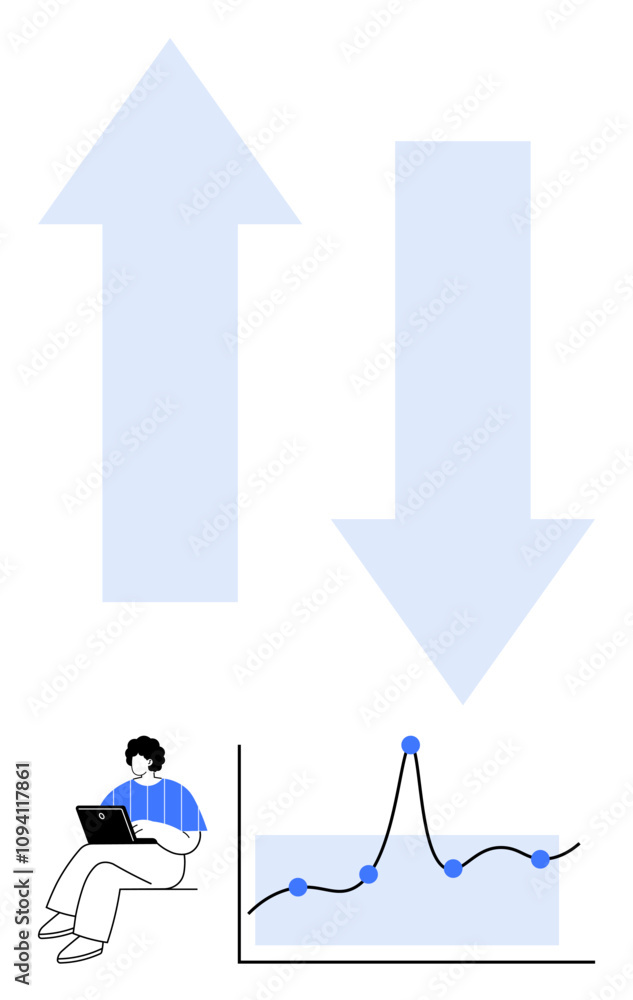Two large arrows symbolize growth and decline. A person with a laptop reviews a graph charting performance. Ideal for business, data analysis, strategy, trends, decision-making, evaluation, planning Two large arrows symbolize growth and decline. A person with a laptop reviews a graph charting performance. Ideal for business, data analysis, strategy, trends, decision-making, evaluation, planning