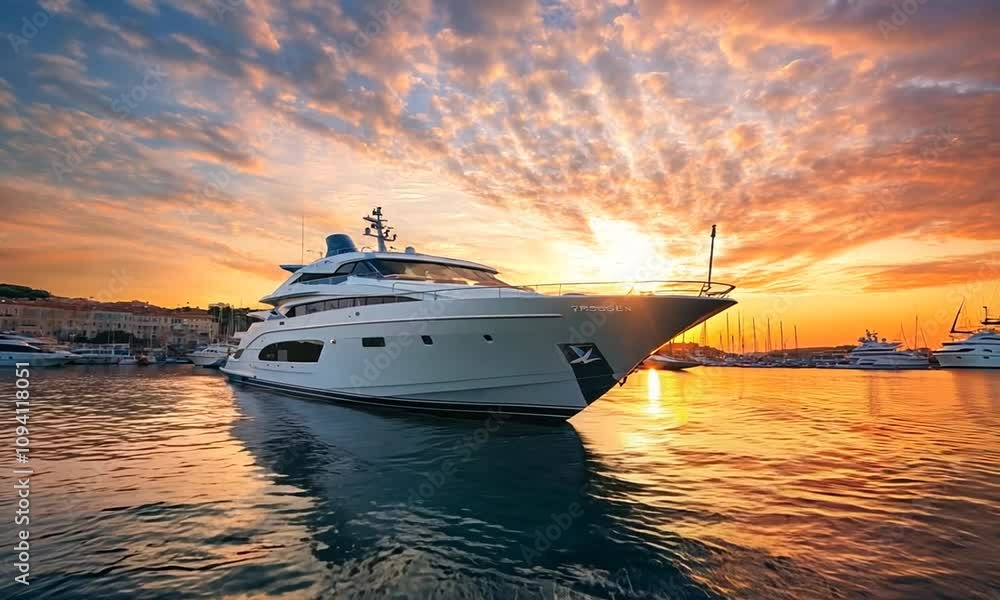 Luxury Yacht at Sunset with Stunning Ocean and Cityscape Background : Generative AI Luxury Yacht at Sunset with Stunning Ocean and Cityscape Background : Generative AI