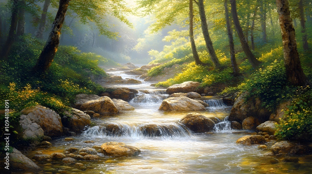 Tranquil stream flowing through a lush forest with gentle sunlight filtering through trees. Tranquil stream flowing through a lush forest with gentle sunlight filtering through trees.
