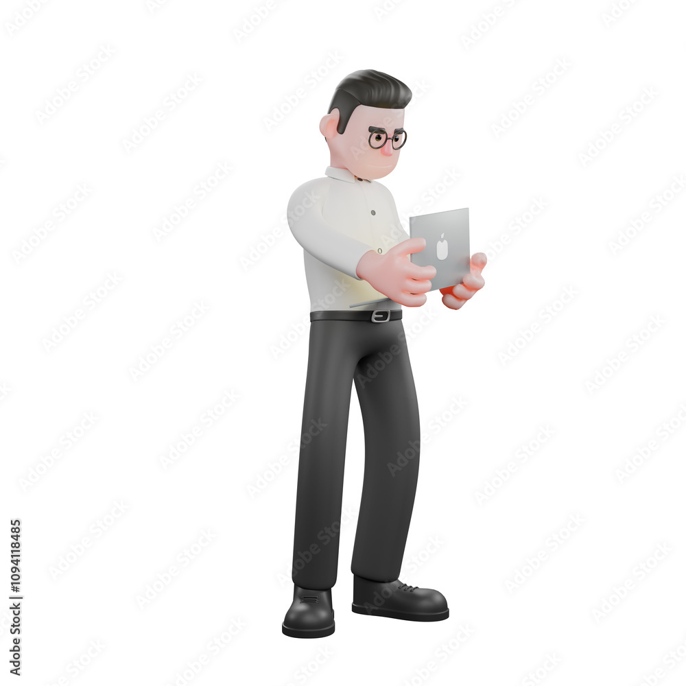 3D Producer Design. A male producer stands holding a laptop in both hands. Film Style 3D Producer Design. A male producer stands holding a laptop in both hands. Film Style
