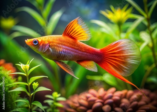 Vintage Style Photography of Hi Fin Lyretail Swordtail in a Captivating Aquatic Environment with Soft Lighting and Elegant Color Palette, Ideal for Nature and Aquarium Enthusiasts