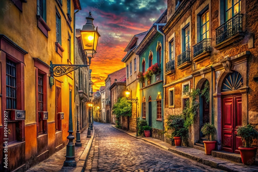 Fototapeta premium Vintage Style Photography of Historic Buildings in a Bustling City, Showcasing Architectural Beauty and Urban Life Through Timeless Imagery