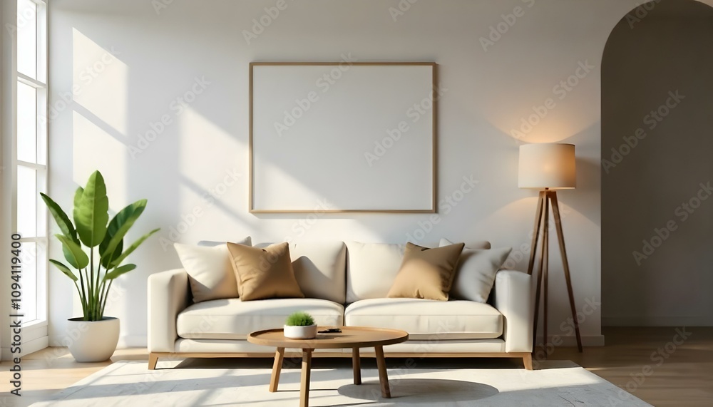 Fototapeta premium A modern living room with a beige sofa, wooden coffee table, and potted plant on a side table. The room has white walls and natural lighting coming in from a window