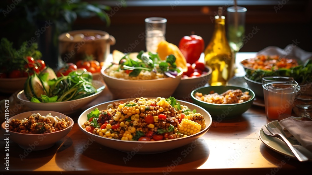 Warmly Lit Vegetarian Meal Setup with Variety of Culinary Dishes Warmly Lit Vegetarian Meal Setup with Variety of Culinary Dishes