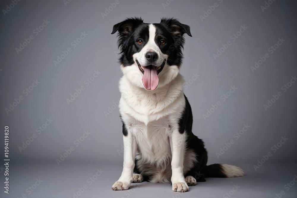 Black and White Dog Posing with Tongue Out in Studio Setting Black and White Dog Posing with Tongue Out in Studio Setting