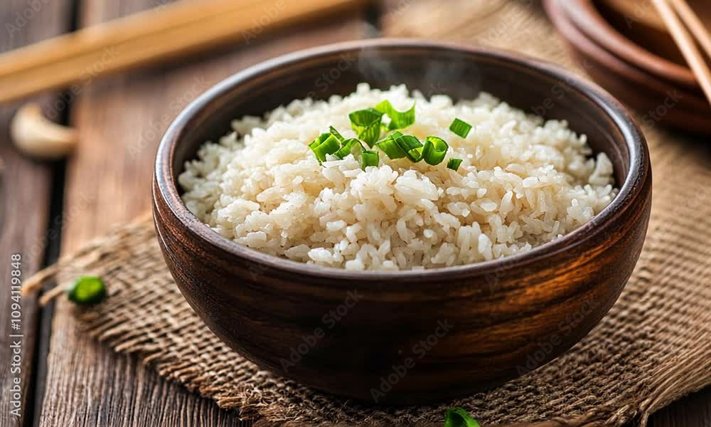 Steaming bowl of freshly cooked rice garnished with green onions on rustic wooden table setting : Generative AI Steaming bowl of freshly cooked rice garnished with green onions on rustic wooden table setting : Generative AI