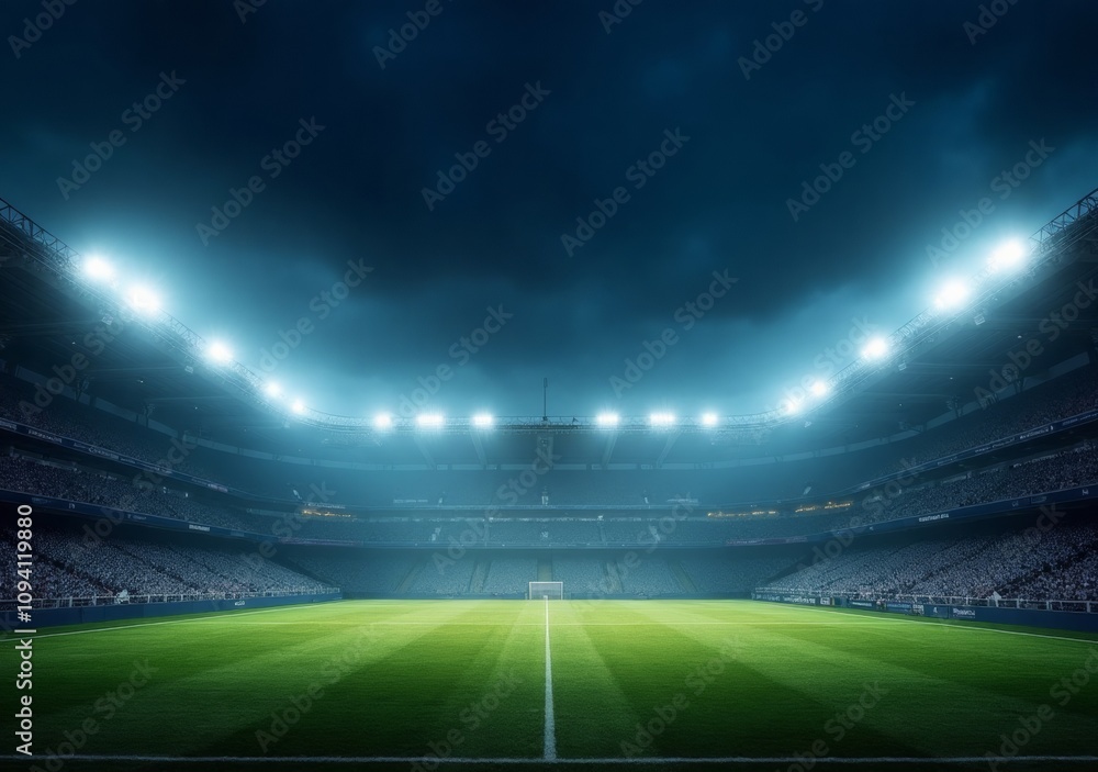 Bright stadium lights illuminate a football field before a night match in an urban setting Bright stadium lights illuminate a football field before a night match in an urban setting