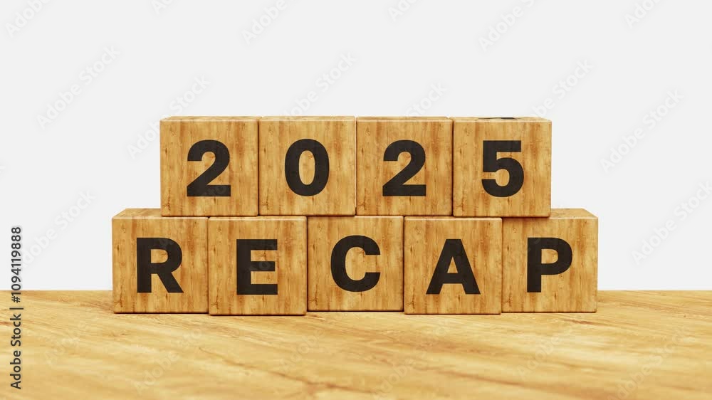 2025 recap. Key highlights and insights, achievements, review, business goals and plans. Wooden cubes flips 2024 to 2025 review. 4K 3D animation