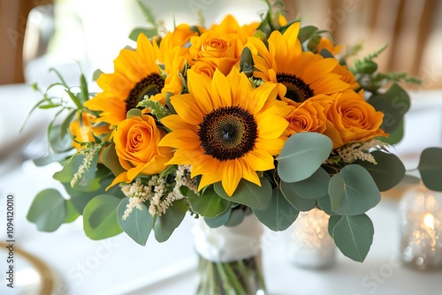 A bouquet of sunflowers and roses, arranged with eucalyptus leaves, in a vase on a white tablecloth.