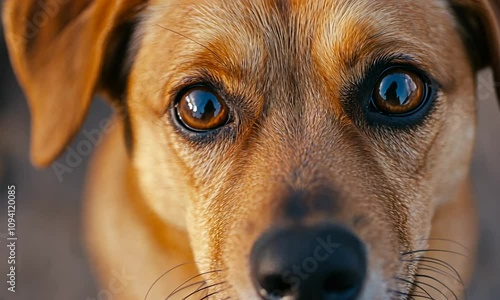 Close Up of Brown Dog with Expressive Eyes Looking at Camera Outdoors : Generative AI