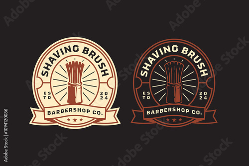 shaving brush barber tool retro badge logo design set for barbershop, salon, haircut, shaves, hairdressing, hipster, gentleman, beauty. traditional brush shaving barber equipment vintage emblem logo