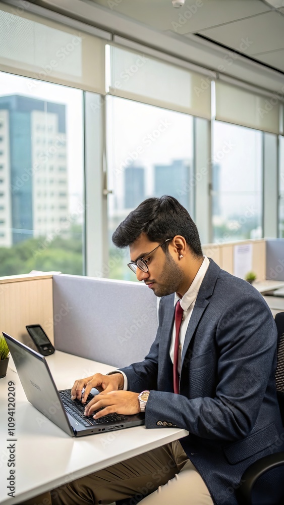 Focused male professional typing on laptop in modern office environment with city view Focused male professional typing on laptop in modern office environment with city view