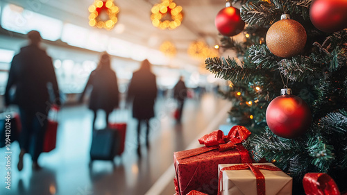 Christmas tree adorned with ornaments and gifts in a festive airport, travelers carrying suitcases in the background.