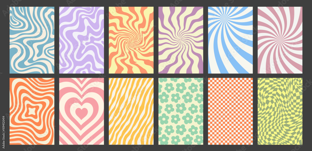 Set of groovy hippie 90s background with distorted wave, twirl pattern, spiral or psychedelic checkerboard frame and retro sunburst texture in y2k brutalist cartoon style. Groovy y2k boho banner art.