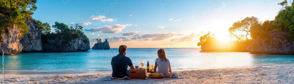Fototapeta premium Couple enjoying a romantic sunset picnic on a serene beach by the ocean.