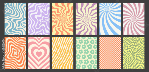Set of groovy hippie 90s background with distorted wave, twirl pattern, spiral or psychedelic checkerboard frame and retro sunburst texture in y2k brutalist cartoon style. Groovy y2k boho banner art.