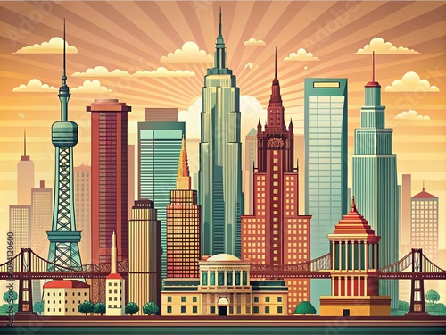 Vintage Style Photography of United States City Skylines with Detailed Vector Outlines, Showcasing Iconic Landmarks and Urban Landscapes in a Retro Aesthetic photo