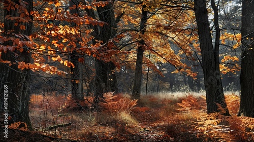 Autumn Forest Landscape: Golden Leaves and Sunlight Through Trees