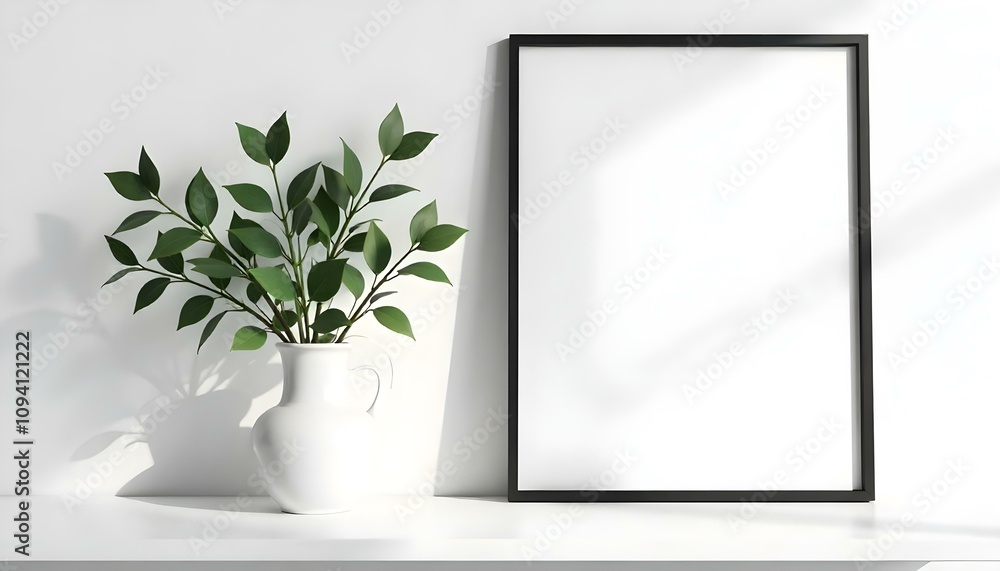A white vase with green leaves on a white shelf, with a black framed empty wall art display next to it A white vase with green leaves on a white shelf, with a black framed empty wall art display next to it