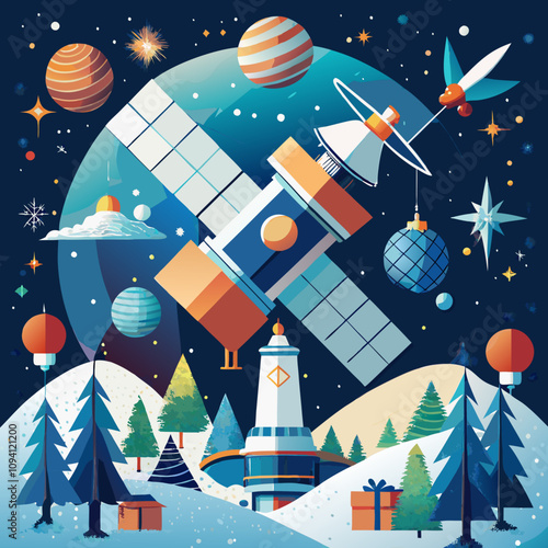 Cosmic Christmas: A whimsical illustration of a satellite orbiting a snowy winter wonderland, adorned with festive ornaments and planets. A unique holiday greeting card design. 