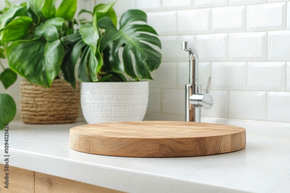 Modern Kitchen Corner with Wooden Cutting Board and White Vessel Sink Modern Kitchen Corner with Wooden Cutting Board and White Vessel Sink