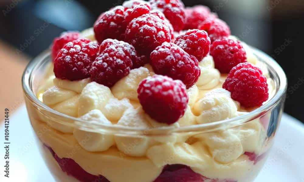 Delicious Raspberry and Cream Dessert in Glass Bowl on White Plate Close Up with Soft Focus : Generative AI Delicious Raspberry and Cream Dessert in Glass Bowl on White Plate Close Up with Soft Focus : Generative AI