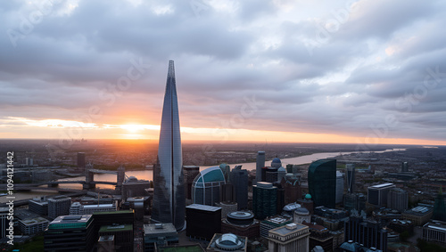 Aerial view of London with The Shard skyscraper and Thames river at sunset with grey clouds in the sky. Financial district in the center of London from the viewing platform at Sky Garden. photo