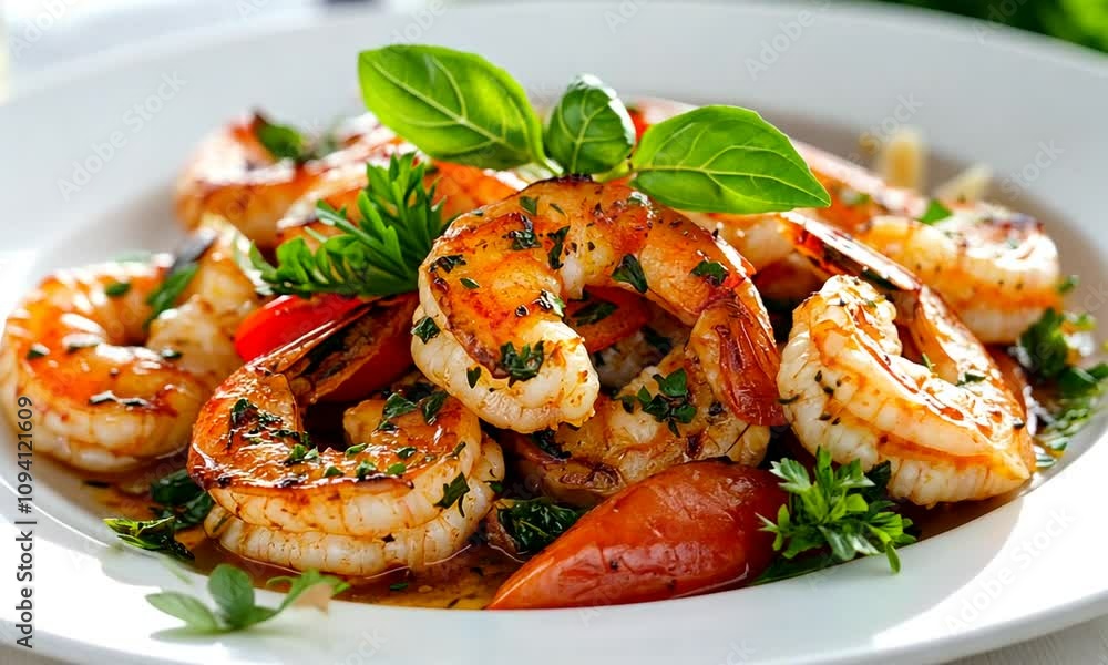 Delicious Garlic Butter Shrimp Dish Garnished with Fresh Herbs and Served on a White Plate : Generative AI Delicious Garlic Butter Shrimp Dish Garnished with Fresh Herbs and Served on a White Plate : Generative AI