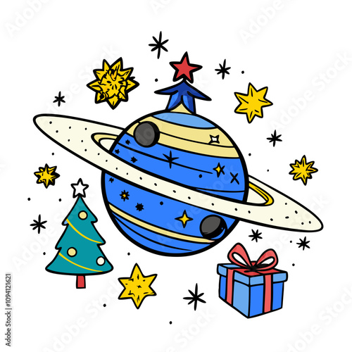 Cosmic Christmas Planet: A whimsical illustration of a planet adorned with a Christmas tree and star, surrounded by festive gifts and sparkling stars. Perfect for holiday cards, wrapping paper.