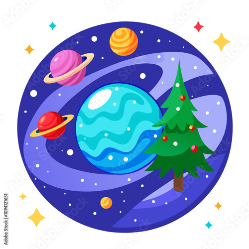 Cosmic Christmas: A whimsical illustration of a Christmas tree on a vibrant, stylized planet within a cosmic scene, perfect for holiday greetings and space-themed designs. 