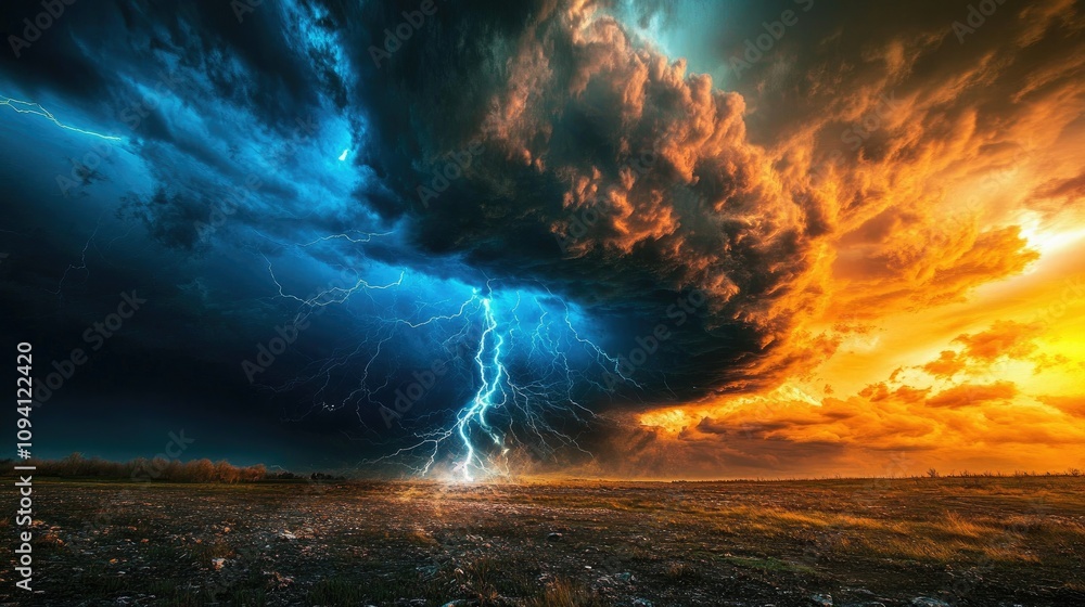 Fototapeta premium Dramatic stormy sunset with lightning strike over field.