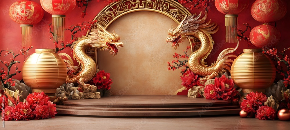 Obraz premium A grand Chinese New Year podium with intricate golden dragon and phoenix motifs, framed by vibrant red lanterns and a floral backdrop, leaving plenty of empty space for showcasing a product.