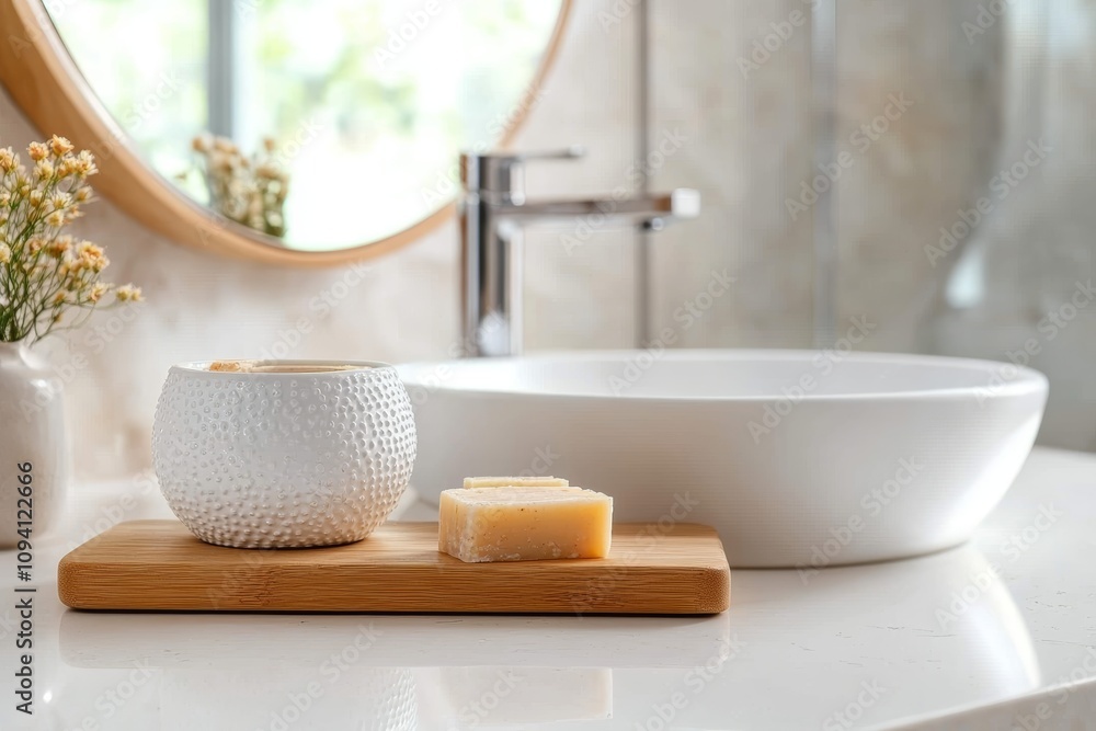 Minimalist Bathroom Scene with White Sink and Textured Vessel Minimalist Bathroom Scene with White Sink and Textured Vessel
