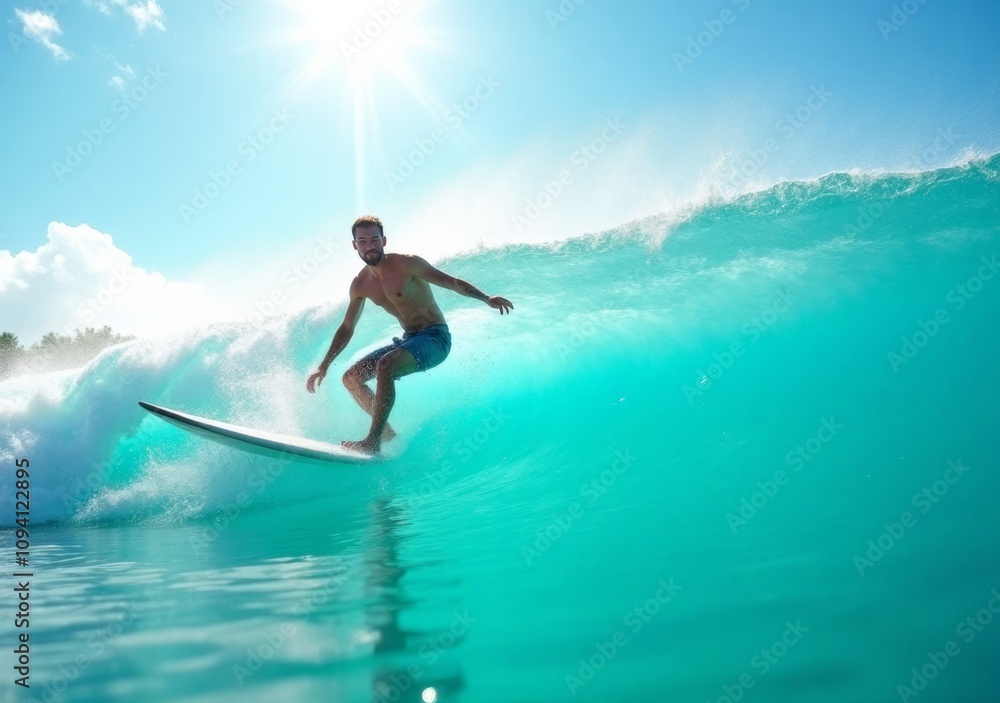 Surfer rides a vibrant turquoise wave under a sunny sky in a tropical location Surfer rides a vibrant turquoise wave under a sunny sky in a tropical location