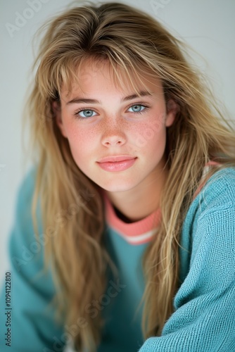 1980s and 1990s style Yearbook headshot of a pretty high school teenage girl looking at the camera