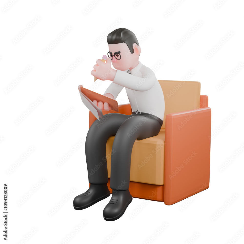 Animated 3D Cartoon. A male producer sits on a sofa holding a clipboard and pencil in both hands, as if he wants to write. Professional Illustration Animated 3D Cartoon. A male producer sits on a sofa holding a clipboard and pencil in both hands, as if he wants to write. Professional Illustration