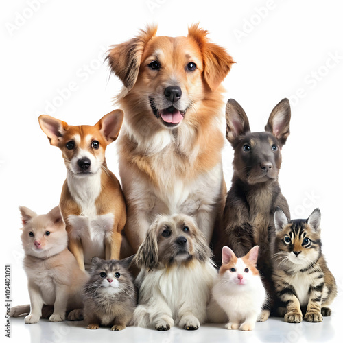 A cheerful gathering of various pets posing together in front of a white background.