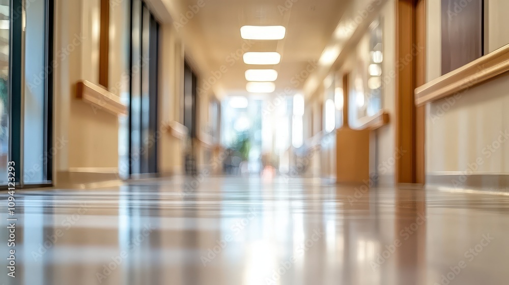 A blurred view of a corridor in a modern building, emphasizing cleanliness and light. A blurred view of a corridor in a modern building, emphasizing cleanliness and light.