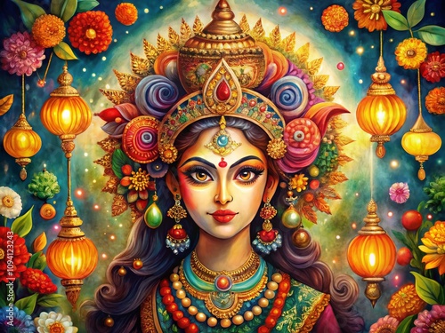 Watercolor Illustration of Durga for Durga Puja Celebrations Featuring a Majestic Portrait of the Goddess in Vibrant Colors and Artistic Details Reflecting Cultural Heritage