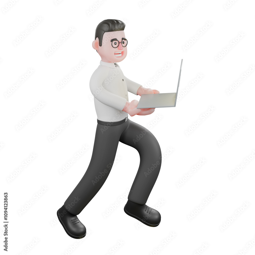 Animated 3D Cartoon. A male producer runs with a laptop in both hands. Professional Illustration Animated 3D Cartoon. A male producer runs with a laptop in both hands. Professional Illustration