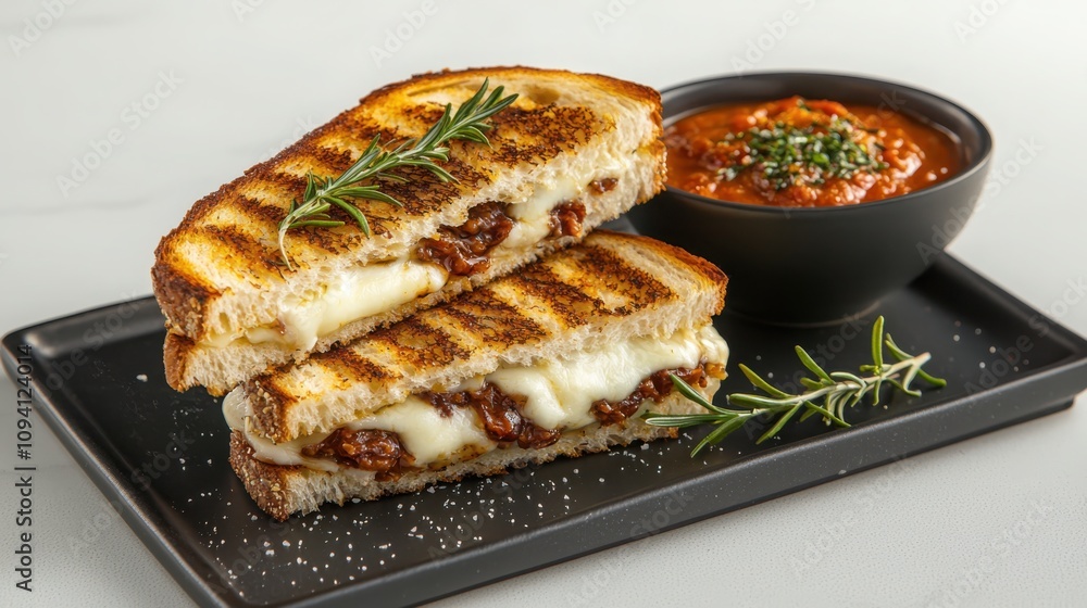 Indulge in gooey grilled cheese sandwiches with mozzarella served with tomato sauce in a cozy kitchen atmosphere Indulge in gooey grilled cheese sandwiches with mozzarella served with tomato sauce in a cozy kitchen atmosphere