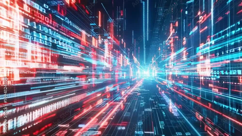 Abstract Digital Cityscape with Glowing Binary Code and Numbers Abstract Digital Cityscape with Glowing Binary Code and Numbers