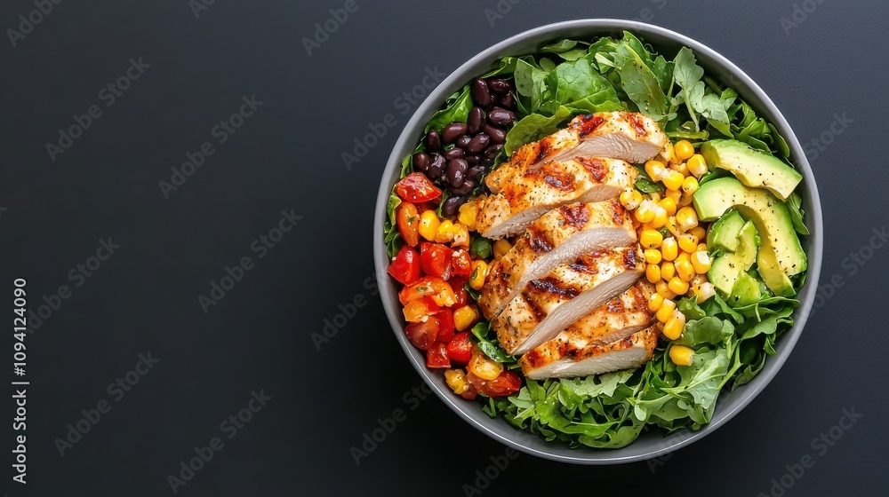 Grilling chicken on a fresh mixed greens salad with avocado in a modern kitchen environment for healthy eating inspiration Grilling chicken on a fresh mixed greens salad with avocado in a modern kitchen environment for healthy eating inspiration