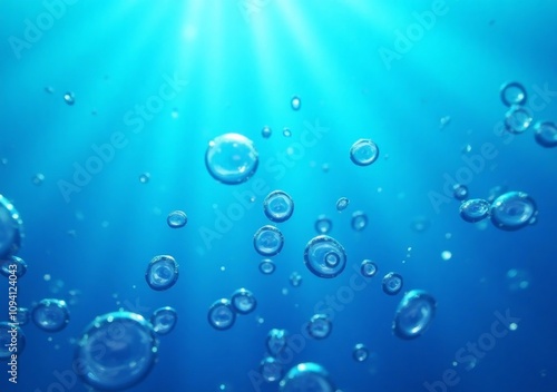 Bubbles rising in clear blue water with sunlight filtering through from above