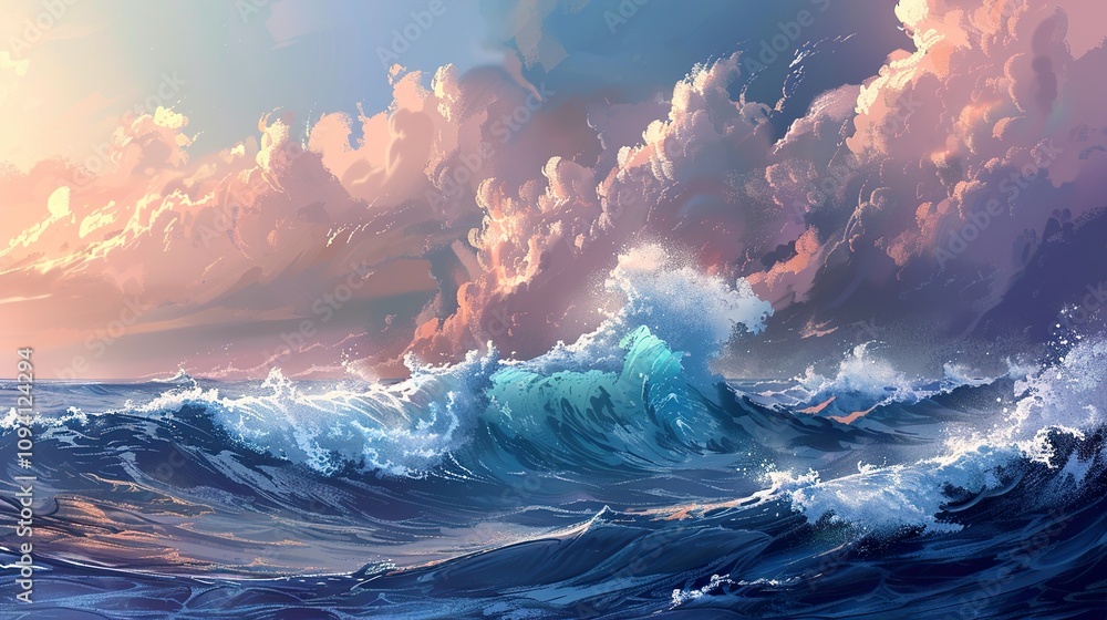 Fototapeta premium Ocean Waves Crashing Under a Dramatic Sunset Sky