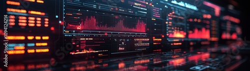 A futuristic digital interface displaying vibrant graphs and data analytics in red and orange hues, set against a dark background.