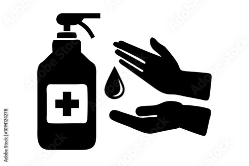 Hand Sanitizer Silhouette - Pump Bottle Dispensing onto Hand Vector Design