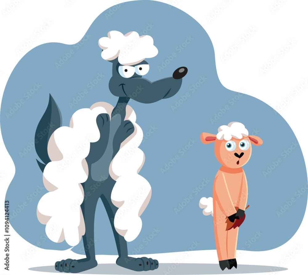 Funny Wolf Standing Next to a Naked Sheep Vector Cartoon. Evil wild animal trying to blend in and trick the rest
Funny Wolf Standing Next to a Naked Sheep Vector Cartoon. Evil wild animal trying to blend in and trick the rest