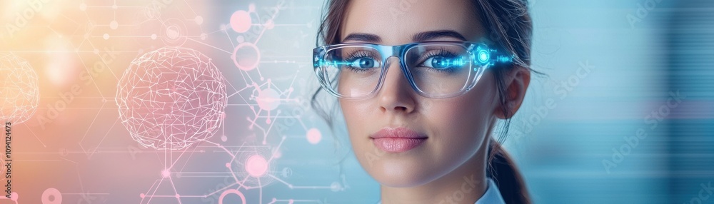 A woman wearing futuristic glasses, with a digital interface in the background, symbolizes innovation and technology in a modern scientific environment. A woman wearing futuristic glasses, with a digital interface in the background, symbolizes innovation and technology in a modern scientific environment.