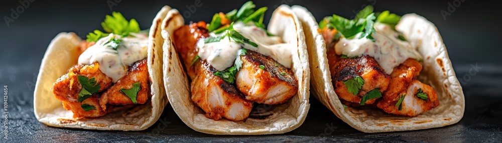 Sizzling grilled fish tacos with tangy slaw and creamy sauce coastal restaurant culinary delight beachside vibe gourmet experience